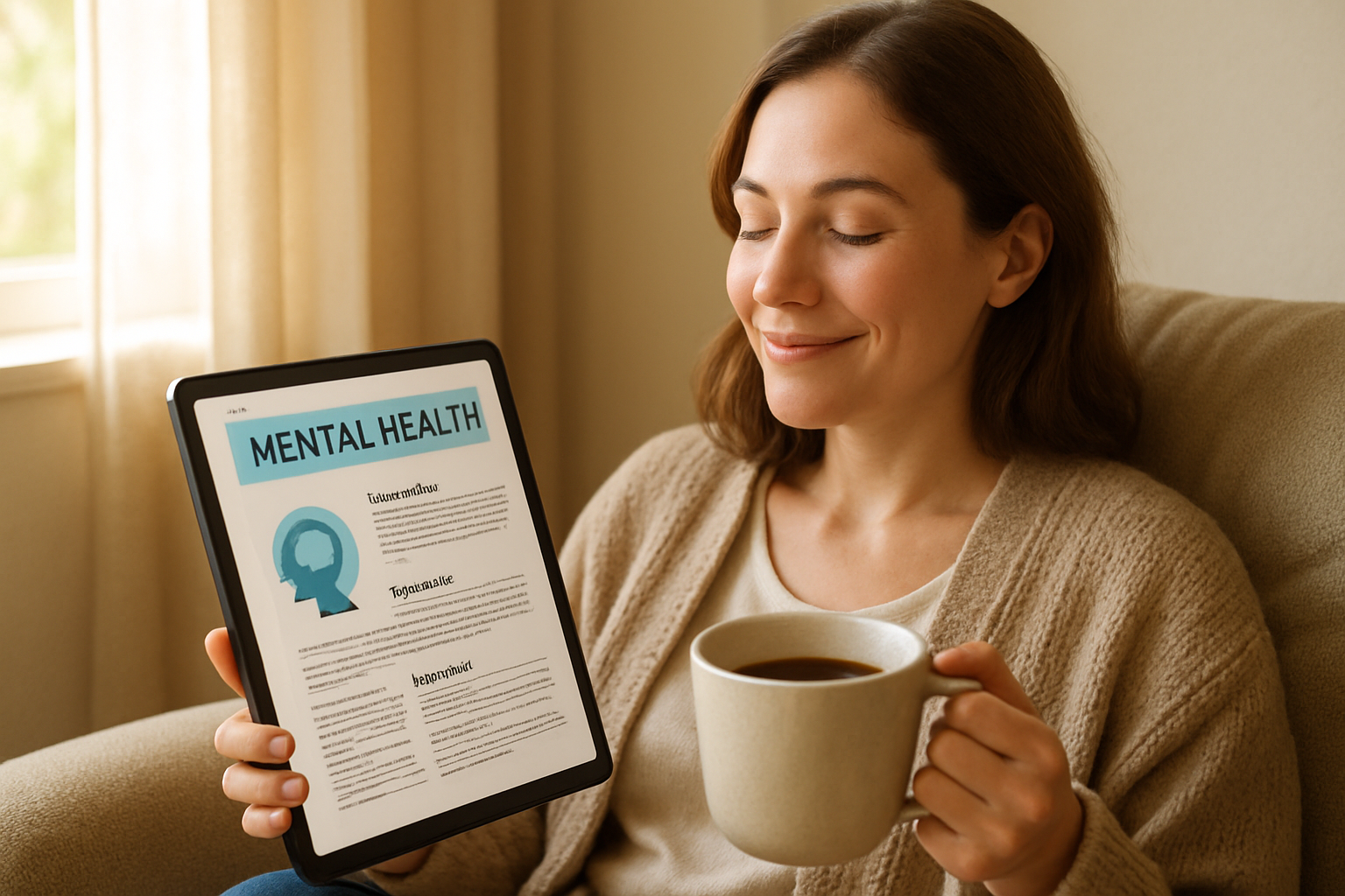 someone reading a mental health pdf drinking a coffee and feeling good